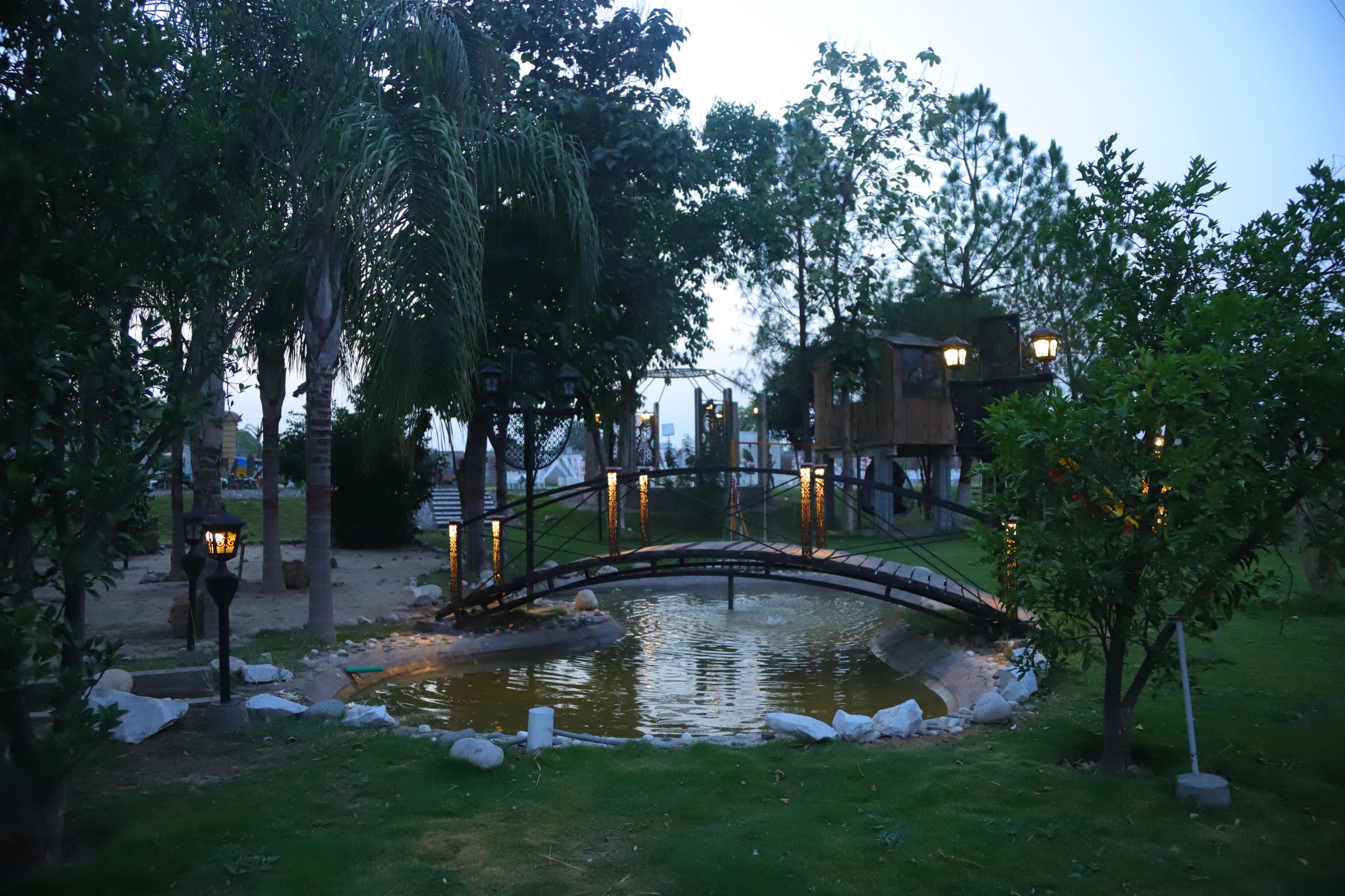 Bridge and pond feature with lit garden details in the background